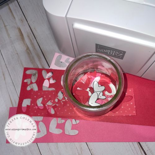 Die Cut Hearts with Card Stock: Basic White, Polished Pink & Sweet Sorbet with some Designer Series Paper for pattern.